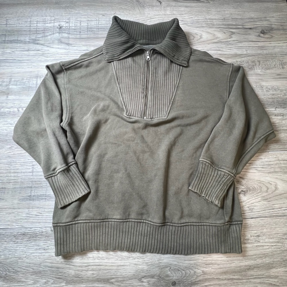 Aerie Quarter Zip Sweatshirt Womens Small Olive gray Ribbed Pullover W91